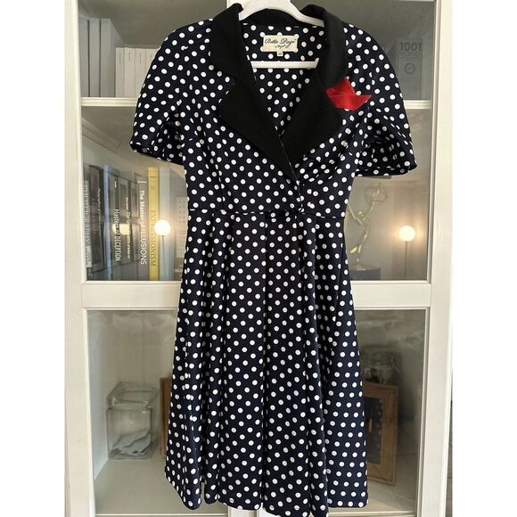 Bettie Page Dresses & Skirts - BETTIE PAGE Navy‎ White Polka Dot Retro 50's SEXY Secretary Swing Dress …